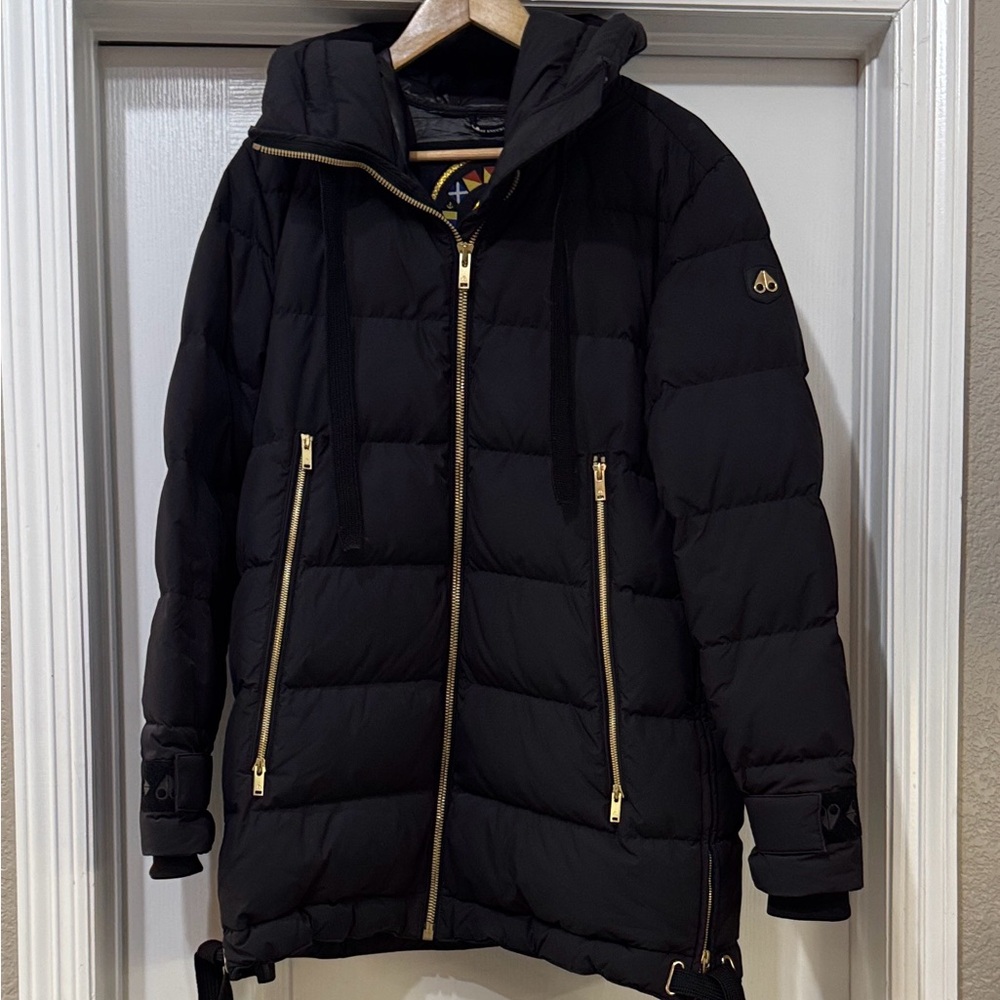 Moose Knuckles Black Puffer Jacket with Gold Accents